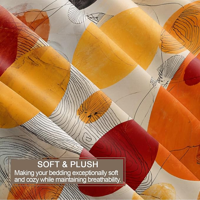 Vintage Mid Century Duvet Cover King Size, Orange Red Yellow Geometric Bedding Set 3 Piece, Watercolor Abstract Geometric Patterned Comforter Cover with Zipper Soft Microfiber, 2 Pillowcases