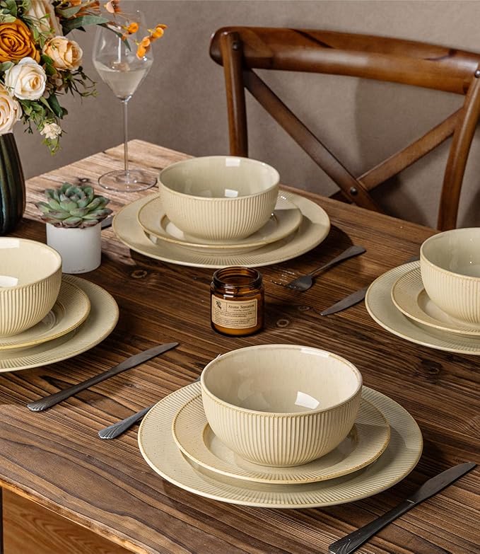 TheTerra Stoneware Dinnerware Sets for 4, 12 Pieces Ceramic Plates and Bowls Sets, Scratch Resistant Embossed Dish Set, Oven, Microwave & Dishwasher Safe, Cappuccino