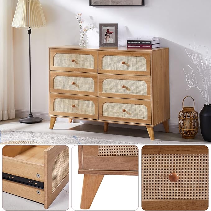 Dresser for Bedroom with 6 Drawers – Wide Chest of Drawers with Pulls Handles, Solid Wood Legs, Easy Assembly, Farmhouse Tall Dressers for Closet, Living Room,Hallway and Entryway Knobs Oak
