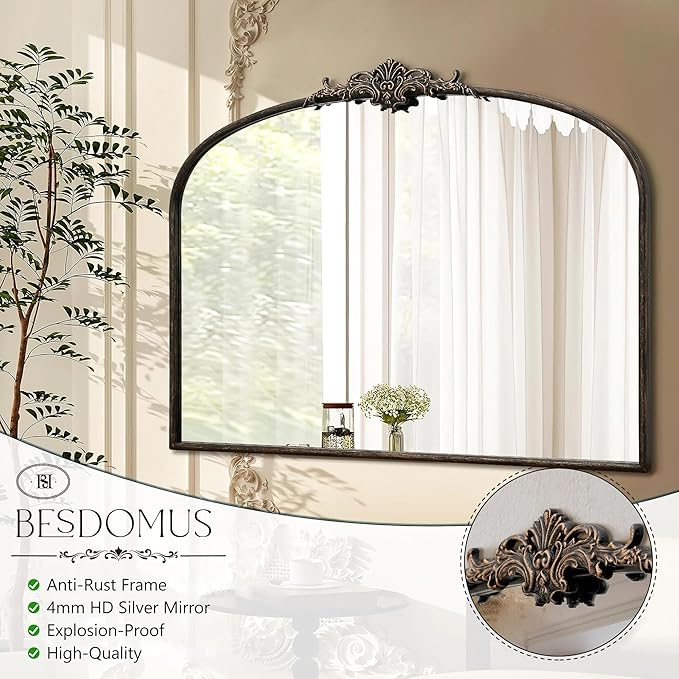 Besdomus Vintage Arched Black Mirror: 40"x29" Large Arch Antique Wall Mounted Mirror - Baroque Traditional Ornate for Entryway/Living Room/Fireplace/Bathroom- Home Decor for Interior Designers