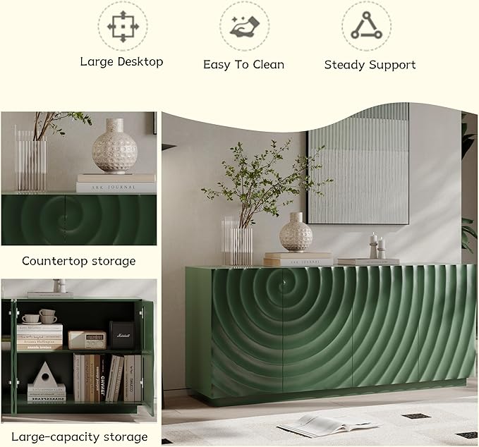 Wave Pattern Sideboard Buffet Cabinet - Modern Luxury Multifunctional Storage Cabinet with 3D Textured Doors, Display Cabinet for Dining Room Living Room Entryway (Green)