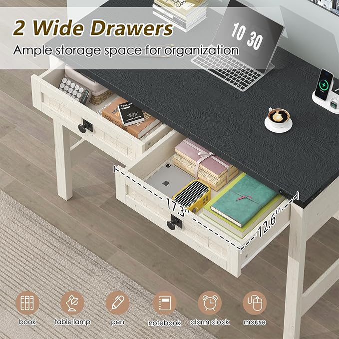 YOMILUVE Farmhouse Computer Desk with 2 Drawers, 39 Inch Small Office Computer Desk with Power Outlets, Compact Writing Study Vanity Desk for Small Spaces, Black and White