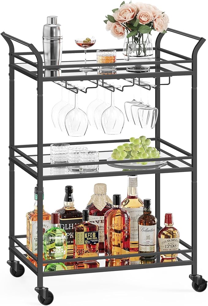 VASAGLE Bar Cart Black, Small Home Bar Serving Cart with 3-Tier Mirrored Shelf, Wine Holders, Glass Holders, for Small Spaces, Kitchen, 15 x 23.6 x 36.2 Inches, Black ULRC100B01