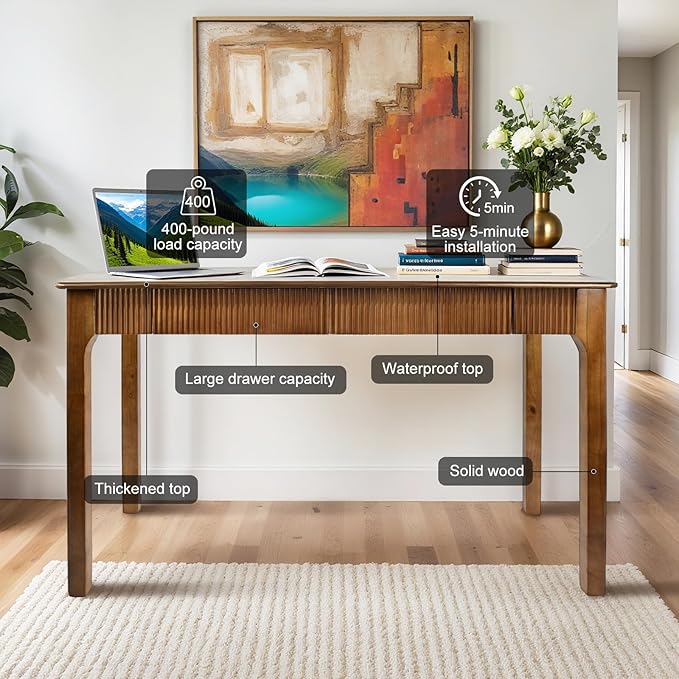 47.2'' Solid Wood Desk with 2 Drawers, Mid Century Modern Home Writing Office Wooden Desk ,Vintage Computer Table with Storage for Living Room, Bedroom, Fluted Design Brown (Walnut, 47.2 Inch)