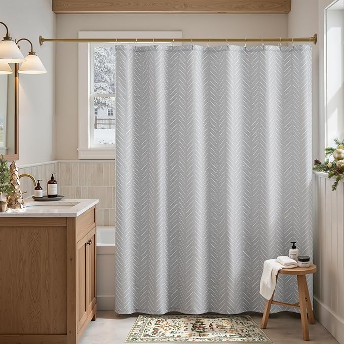jinchan Grey Shower Curtain with White Herringbone Striped Zig Zag Chevron Waterproof Fabric Modern Farmhouse Shower Curtains for Bathroom with 12 Hooks 70x72 Inches