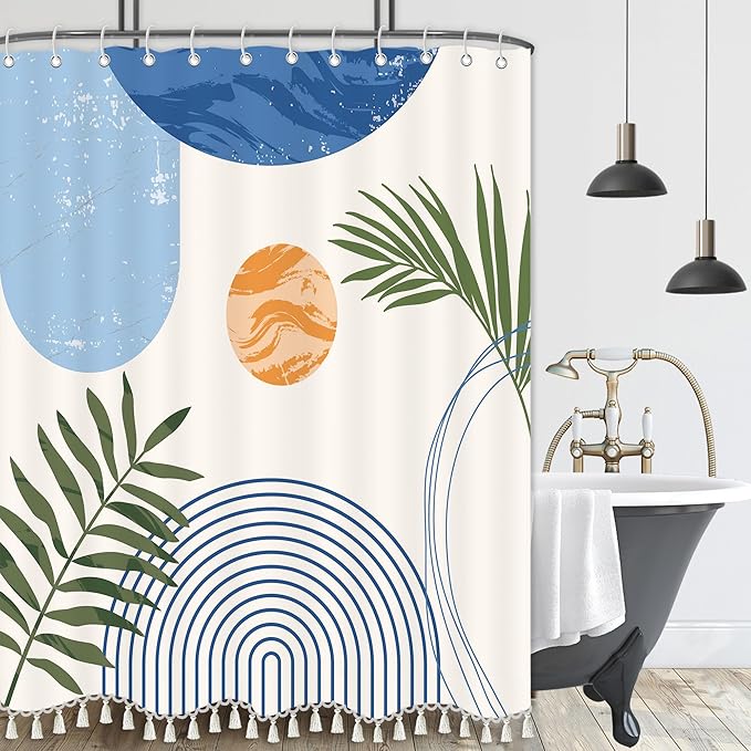 Boho Mid Century Leaf Shower Curtain Set,Arch Sun Design,Minimalistic Leaves Pattern,Waterproof and Luxurious Fabric-12 Hooks(Light Blue-72" x 78")