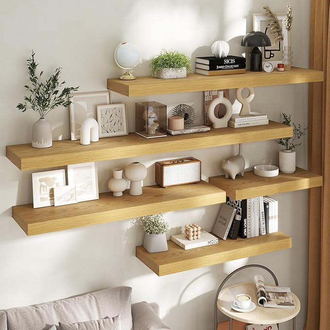 Marsmiles 12" Deep Floating Shelves for Wall with Invisible Brackets, Wall Mounted Engineered Wood Shelves with Wood Grain for Living Room, Bedroom, Kitchen Decor and Storage, 24" L Set of 2, Oak