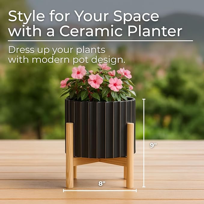 Ceramic Planter with Pine Wood Stand – Plant Pot – Durable Stoneware Planter for Indoor Outdoor Use – Modern Minimalist Plant Holder for Home Decor, Living Room, Garden, Balcony – 9", Black Fluted