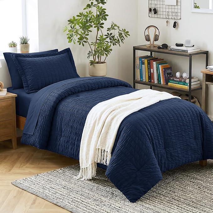 CozyLux Twin Comforter Set with Sheets 5 Pieces, Navy Blue Seersucker Luxury Textured Bed in a Bag, All Season Soft Bedding Sets with Down Alternative Comforter, Sheets, Pillowcase & Sham, Home Gift