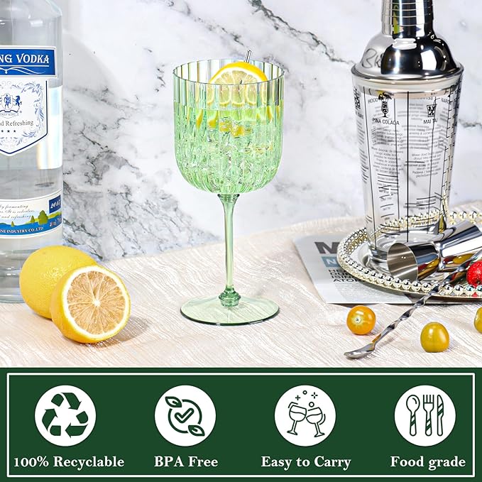 12 PCS Plastic Ribbed Wine Glasses 11oz Green Detachable Wine Goblet Unbreakable Vintage Ripple Water Goblets Cocktail Drinking Cups for Parties Weddings Poolside Outdoors