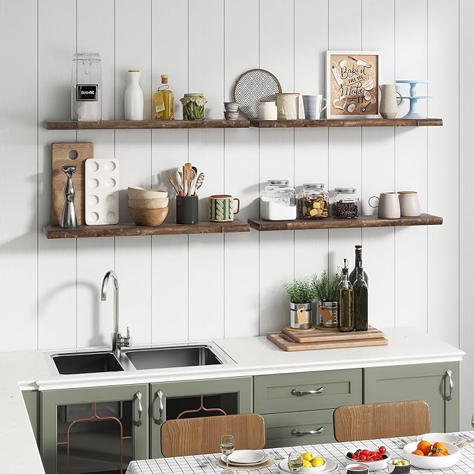 Reclaimed Elm Wood Floating Shelves for Wall, Live Edge 36"W x 9.2"D x 1.4"H, Set of 2 with Invisible Bracket, Wall Mounted Shelves for Living Room Bedroom Kitchen Bathroom Decor, Walnut Finish