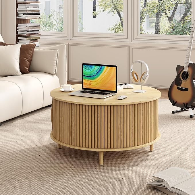 Round Coffee Table with Storage, 31.5" Natural Oak Fluted Center Table with Sliding Door, Modern Circle Drum Table for Living Room, Scandi Wood Furniture for Small Spaces