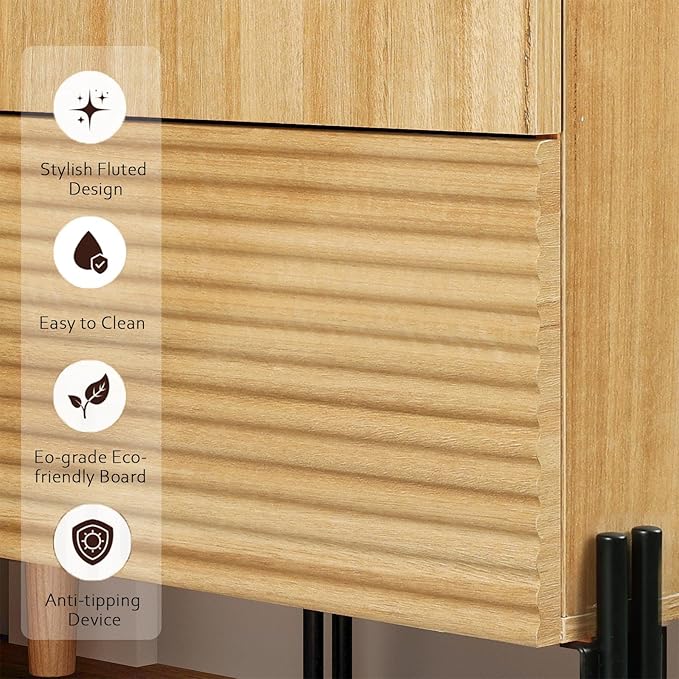 WAMPAT Fluted Buffet Cabinet with Storage, 61.5" Large Sideboard Cabinet with Storages, Modern Buffet Table Coffee Bar Wine Bar Storage Organizer with 4 Doors for Kitchen, Dining Room, Hallway, Oak
