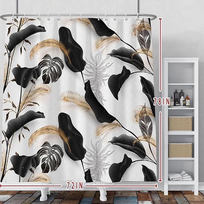Baocicoo Black Leaves Shower Curtain Bohemian Style Shower Curtain for Bathroom Tropical Leaves Boho Floral Shower Curtains Bathtub Living Room Decor Bathroom Decorations with Hooks 72x78 Inches