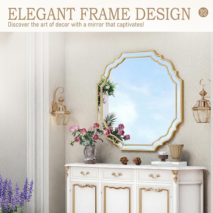 Round Mirrors for Wall Decor,Gold Scalloped Mirror 28 inch, Vintage Wall Mirror for Bedroom, Living Room,Entryway,Bathroom