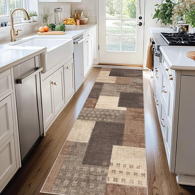 Modern Geometric Patchwork Indoor Runner Rug for Living Room, Beige 2.7'x 8' Large Rug Rockwood Collection Hardwood Floors Decor for Bedroom, Beige Throw Carpet for Office Entryway Dining Room