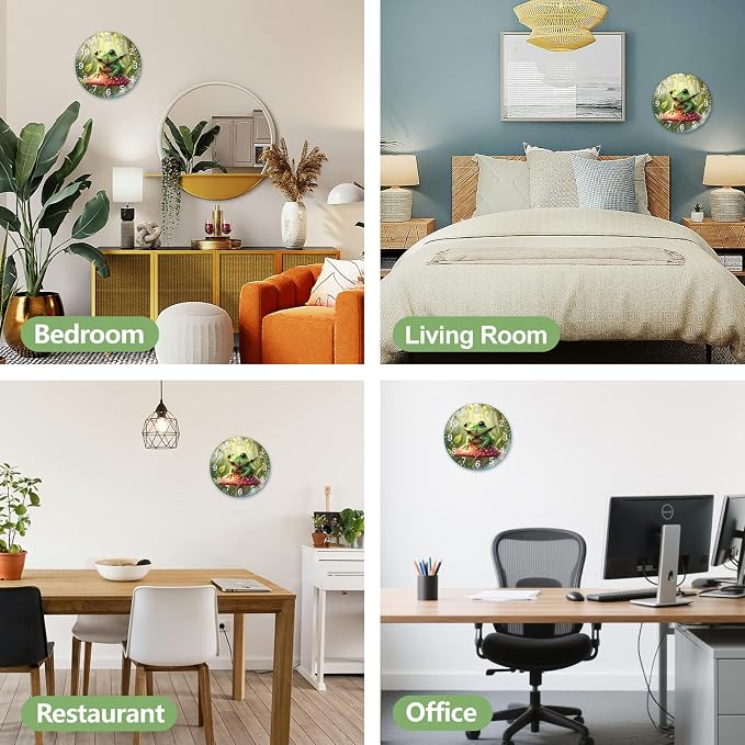 peacoblue Wall Clocks Battery Operated 12 Inch Tree Frogs with Mushrooms Glass Round Wall Clock Non Ticking for Kitchen Living Room Dining Room Bedroom and Bathroom Decor (Battery not Included)