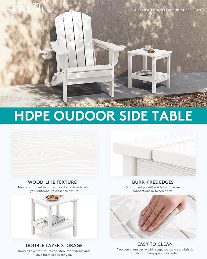 SERWALL 2-Tier HDPE Outdoor Side Tables Set of 4, Weatherproof Rectangular Adirondack Side Table, White