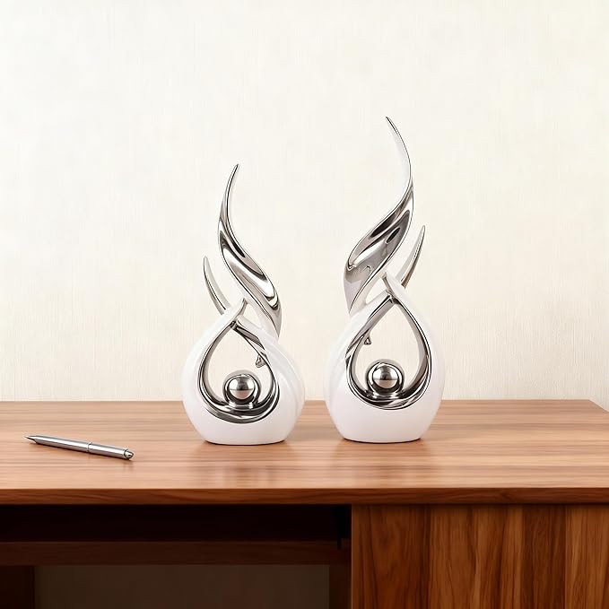 DOVDOV 2-Piece Abstract White and Silver Home Decor, Ceramic Abstract Sculptures, Modern Art Pieces, Suitable for Room Coffee Tables, Office Bookshelves, Dining Table Centers, entryway Decor.