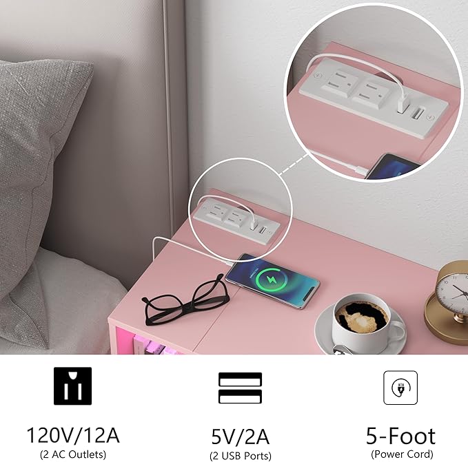 Pink Floating Nightstand with Charging Station and LED Lights,Pink