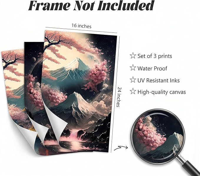 3Pcs Japanese Canvas Wall Art Cherry Blossom Lake Landscape Posters Prints Japan Mount Fuji Wall Decor Pictures for Living Room Bedroom Home Decoration Unframed