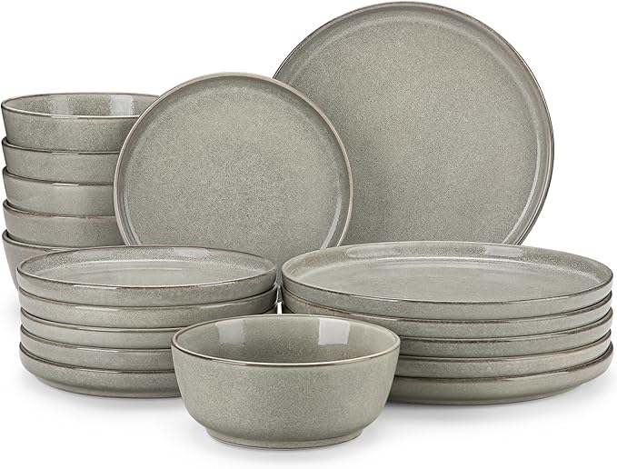 vancasso ANYA 18 Pieces Plates and Bowls Set, Stone Grey Dinnerware Sets, Reactive Glaze Dishes Set for 6, Ceramic Dishware Sets Kitchen Dinner Set, Microwave & Dishwasher Safe