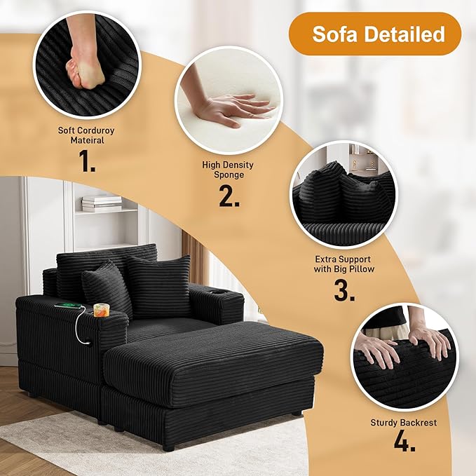 Oversized Chaise Lounge Chair Indoor with Adjustable Backrest, USB, Cup Holder & Ottoman, Firm Solid Wood Frame with Long Service Life Corduroy Oversized Lounge Reading Chair for Study Room - Black