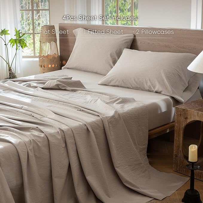 MooMee Bedding Sheet Set 100% Washed Cotton Linen Like Textured Breathable Durable Soft Comfy (Heathered Cream Grey, King)
