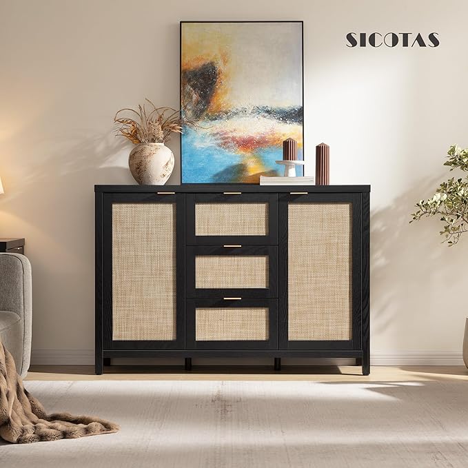 SICOTAS Rattan Sideboard Buffet Coffee Bar Cabinet with Storage - 52" Larger Farmhouse Credenza Storage Cabinet with 3 Drawers and 2 Doors, Boho Console Table for Living Room, Kitchen, Black Oak