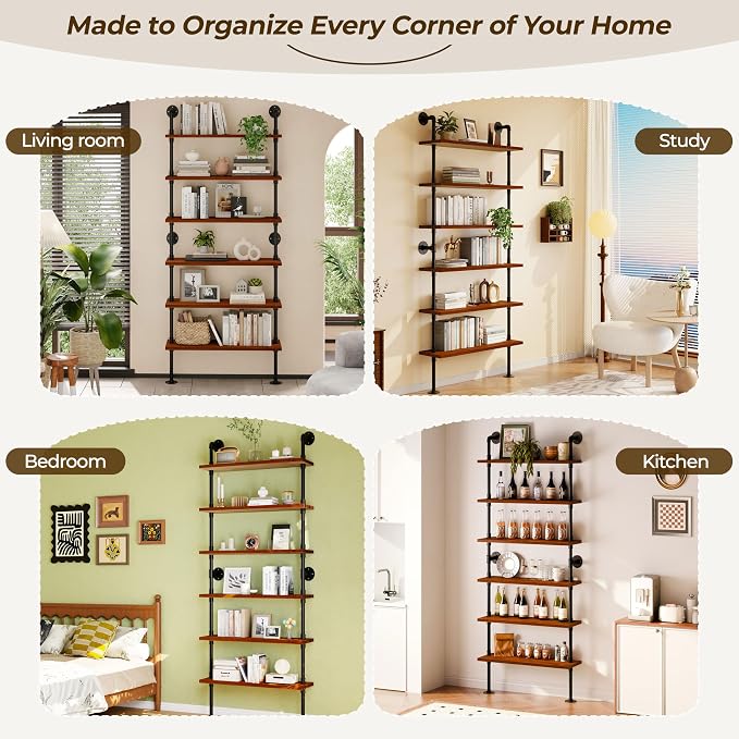 6 Tier Industrial Ladder Shelf Bookcase, Wall Mounted Rustic Bookshelf for Living Room Decor and Storage (Walnut Color, 6 Tier - 10" D x 36" W x 82.5" H)