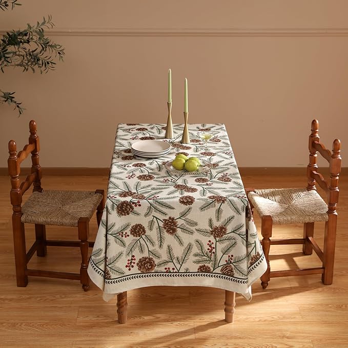 ISAENNE Designer Christmas Beige Linen Extra Long Tablecloth Rectangle,Pinecones Pattern Indoor Table Cloths,Washable Decor Tablecloths for Dining Thanksgiving Kitchen,67"*118"-Carol B