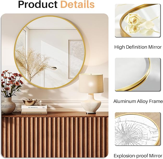 30 Inch Round Bathroom Mirror for Wall, Matte Gold Metal Framed | Circle Vanity Mirror for Bathroom Bedroom Living Room Entryway, Anti-Rust, Tempered Glass, Hanging or Leaning