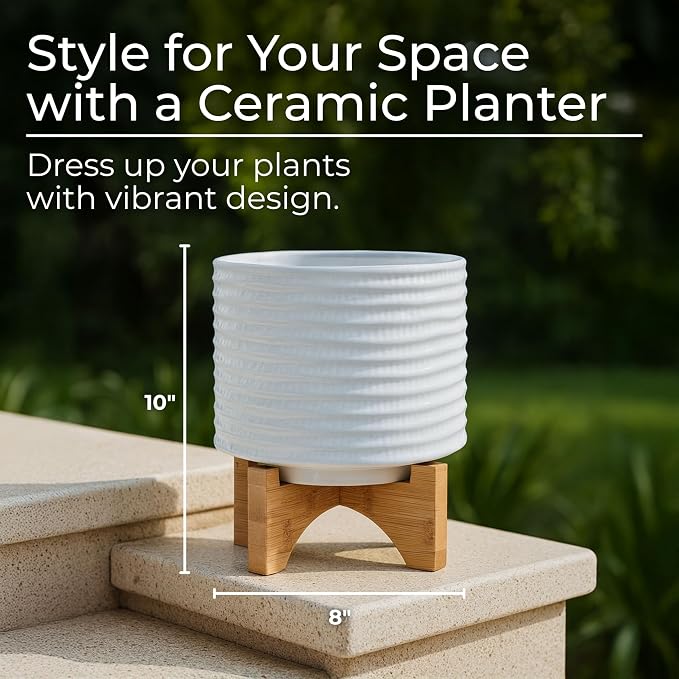 Ceramic Planter with Bamboo Stand – Modern Home Decor Indoor Plant Pot with Textured Stoneware Design – Decorative Planter with Legs for Living Room, Bedroom, Office, Patio, or Garden - 8", White