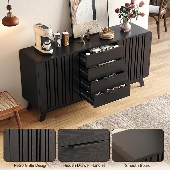 ONBRILL Sideboard Buffet Cabinet with Storage, Fluted Buffet Cabinet with Sliding Doors & 4 Drawers, Mid Century Modern Coffee Bar Wine Bar Credenza for Living Room, Kitchen (Black)