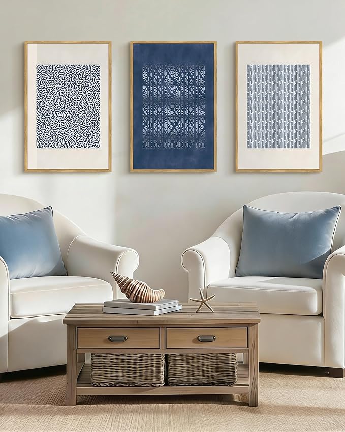 Drsoum Blue Mid-Century Modern Framed Wall Art Large 16x24in Minimalist Abstract Boho Wall Decor Geometric Artwork Kitchen Dining Room Natural Framed