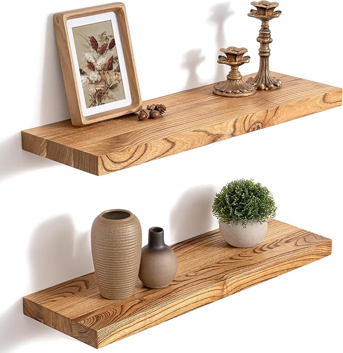 24 Inch Floating Shelves for Wall, 8"D High End Solid Hardwood Shelves for Decor Storage, Rustic Wall Shelves with Invisible Heavy Duty Brackets for Living Room, Kitchen, Bathroom, Natural, 2 Pack