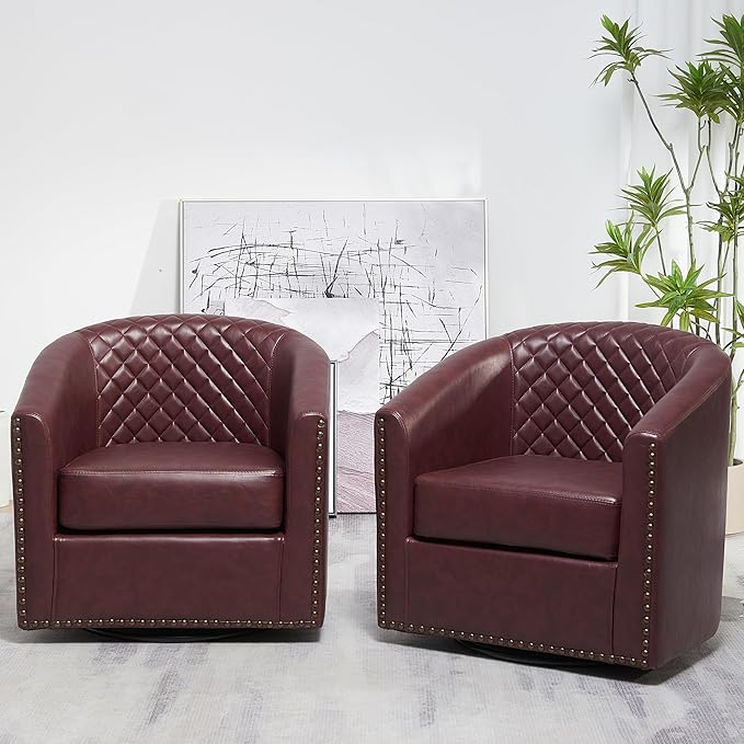 KINWELL 29" Wide Tufted Faux Leather Swivel Barrel Chair Set of 2, PU Leather Modern Upholstered Accent Chairs with Nailhead Trim, Small Armchair for Living Room Bedroom, Red