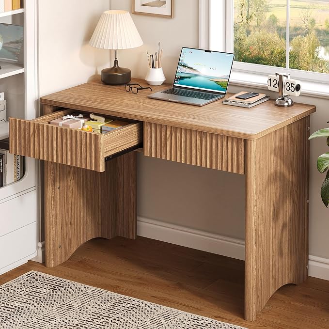 Bestier 40 Inch Fluted Wood Computer Desk with Drawers, Modern Home Office Desk, Compact Writing Desk, Laptop PC Desk for Bedroom, Studio, Study Room, Small Space & Dorm