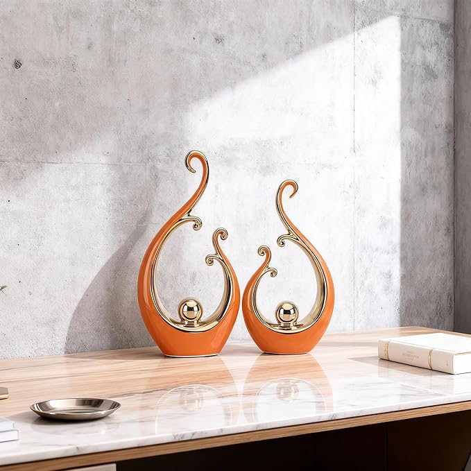 DOVDOV Orange and Gold Home Decor, Abstract Ceramic 2-Piece Sculpture Set, Modern mid-Century Art Statues, Perfect for Accent Tables, countertops, Coffee Tables, and entryway Decor.