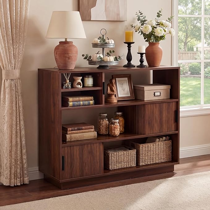 44" Fluted Sideboard Buffet Cabinet with Sliding Doors & Adjustable Shelves, 3-Tier Mid-Century Modern Storage Credenza for Living Room Kitchen Entryway, Wood Coffee Bar Console Table