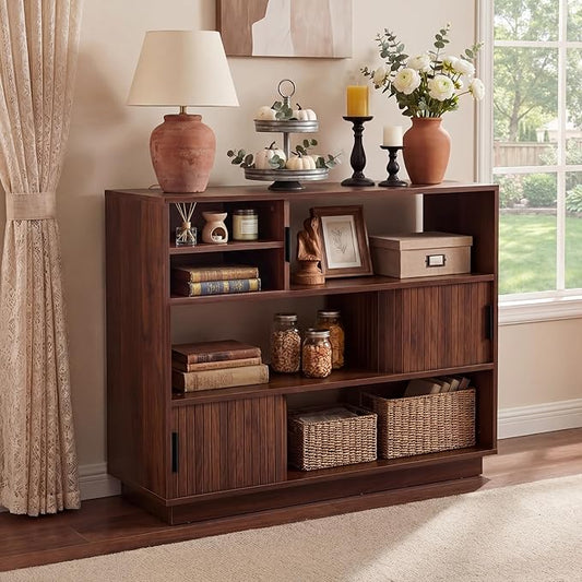 44" Fluted Sideboard Buffet Cabinet with Sliding Doors & Adjustable Shelves, 3-Tier Mid-Century Modern Storage Credenza for Living Room Kitchen Entryway, Wood Coffee Bar Console Table