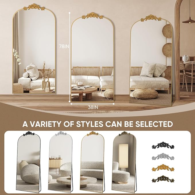 Antok Arched Full Length Mirror, 78"x38" Floor Mirror with Carved, Full Body Mirrors for HomeDecor, Standing/Halling Large Wall Mirror for Bedroom, Living Room, Cloakroom, Gold, Retro Style