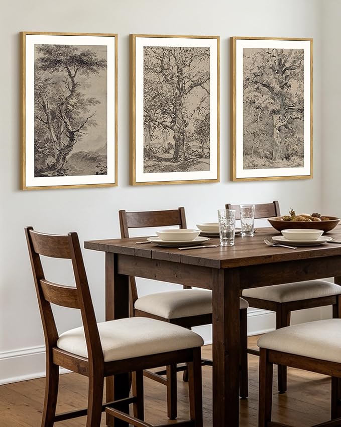 KUVIOKE Vintage Tree Framed Wall Art Retro Antique Forest Drawings Nature Wilderness Sketch Wall Painting Modern Decor 24x36in (Natural Framed)