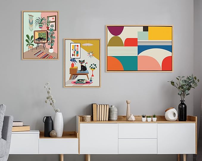 Kate and Laurel Sylvie Mid Century Modern Pattern Framed Canvas Wall Art by Rachel Lee of My Dream Wall; 23x33 Natural; Colorful Abstract Art Print for Wall
