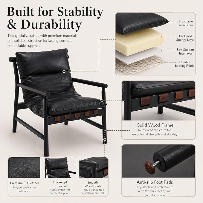 DUOMEI Faux Leather Accent Chair Set of 2, Mid Century Modern Living Room Chairs with Solid Wood Frame, Upholstered Lounge Reading Chair Comfy Arm Chair Cozy Recliner for Bedroom/Guest Room, Black