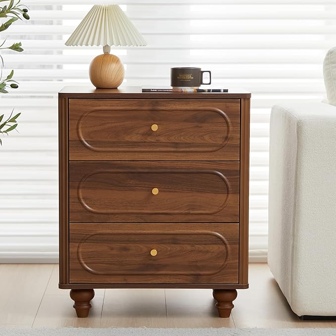 ORRD 3 Drawer Fluted Dresser for Bedroom, Mid Century Modern Chest of Drawers, Wood Storage Small Dresser Organizer for Bedroom Living Room Hallway Closet, Walnut
