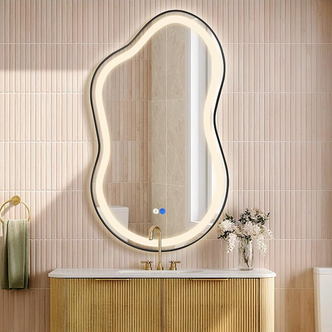 Dorlicecass Irregular Led Bathroom Mirror- Black 26"x46" Single Piece Vanity Mirror with Lights IP54 Enhanced Anti-Fog, 3 Colors Dimmable, Memory,Tempered Glass,UL Listed