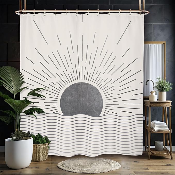 Miyotaa Gray Sun Minimalist Shower Curtain Set 60Wx71H Inches Mid Century Sunrise Sunset Vintage Aesthetic Retro Polyester Waterproof Cloth Bathroom Curtain with 12 Hooks