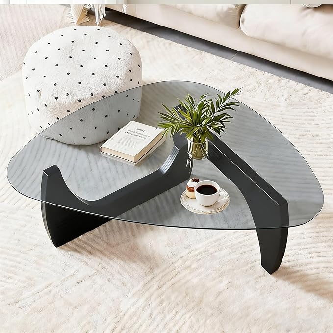 Large Coffee Table for Living Room, Black Modern Triangular Tempered Glass Top Table with Adjustable Solid Wood Legs, 45" Center Table, Grey Glass Black Frame