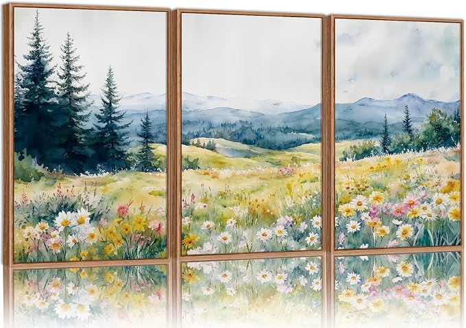 KaiWithYuan Watercolor Mountain Woodland Framed Canvas Wall Art, Nature Pine Tree Forest Wall Decor, Modern Daisy Flower Art Paintings, Cozy Meadow Artwork for Bedroom Living Room Office 16"x24"x3